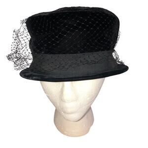 Vintage 1960s Valerie Modes Velvet Pillbox Hat Birdcage Veil Bow Jackie O Style